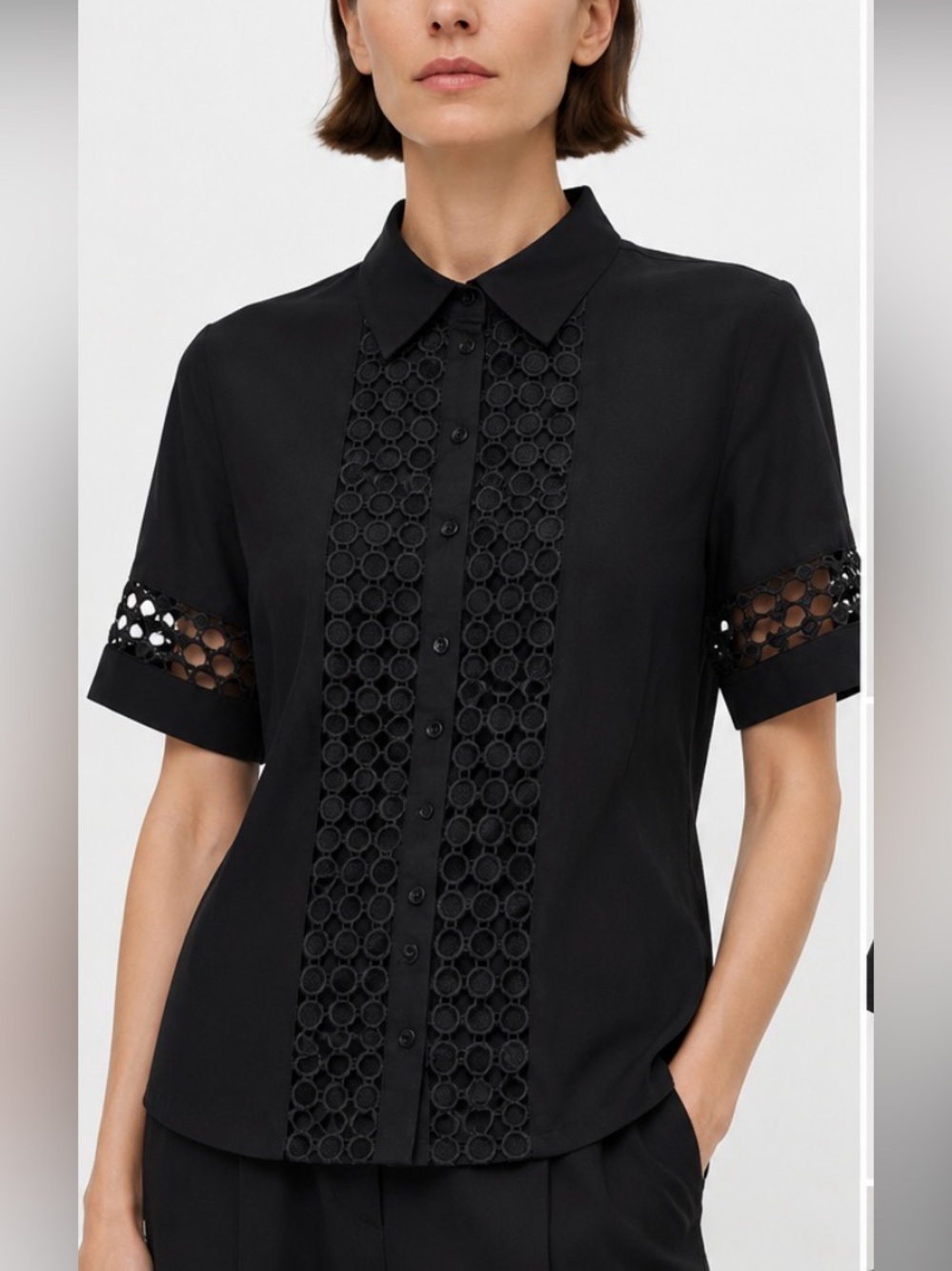NWT Anne Fontaine Pablo Black Open Lace Cutout Button Down Blouse FRENCH 42/10